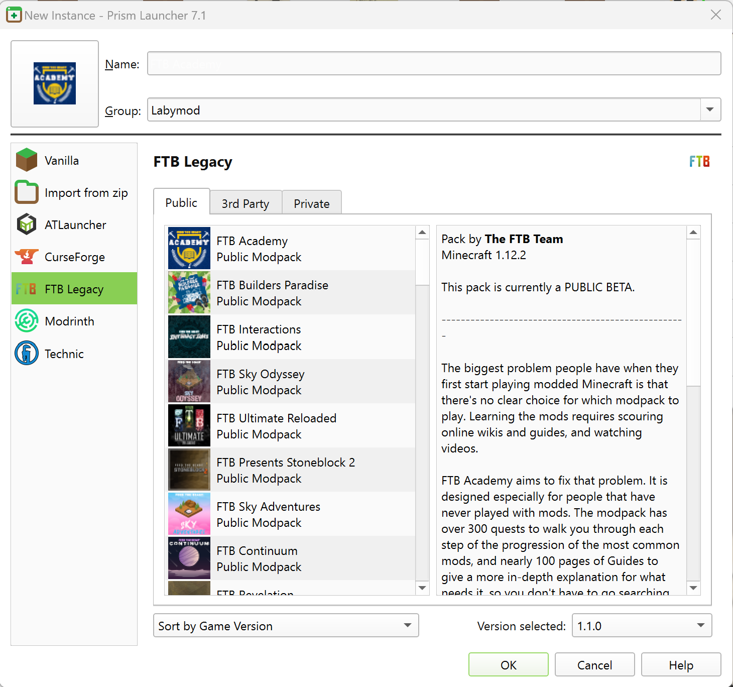 FTB tab under PrismLauncher New Instances